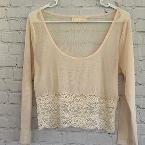 Anthropologie A'Reve Sheer Lace Hem Long Sleeve Top - Nude